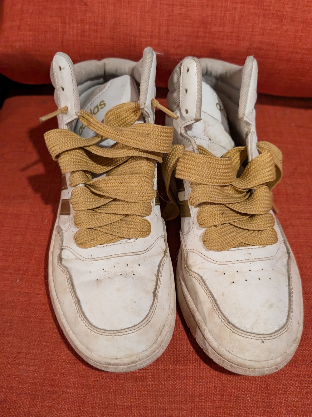 adidas  White High-Top Sneakers with Mustard Laces